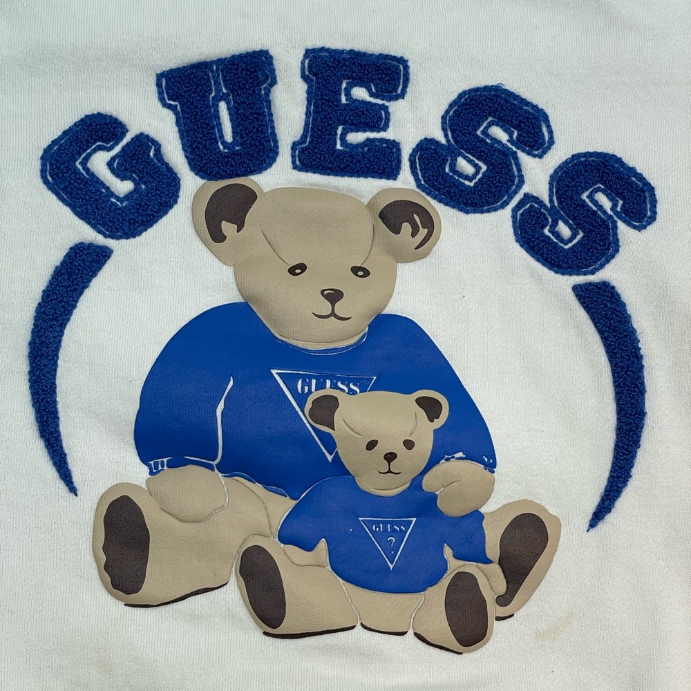 GUESS Originals Teddy Bear Sweatshirt White Blue Graphic Logo Medium - Picture 6 of 8